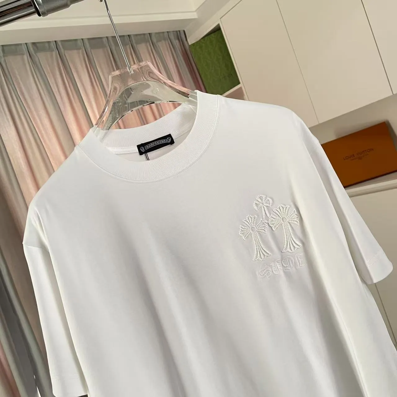 🅿️200 ch Cro* 2025 summer new style Sanskrit horseshoe cross cross vacuum embroidery short-sleeved t-shirt custom fabric 300g same style for men and women Size: S M L XL XXL Five codes Color: black white